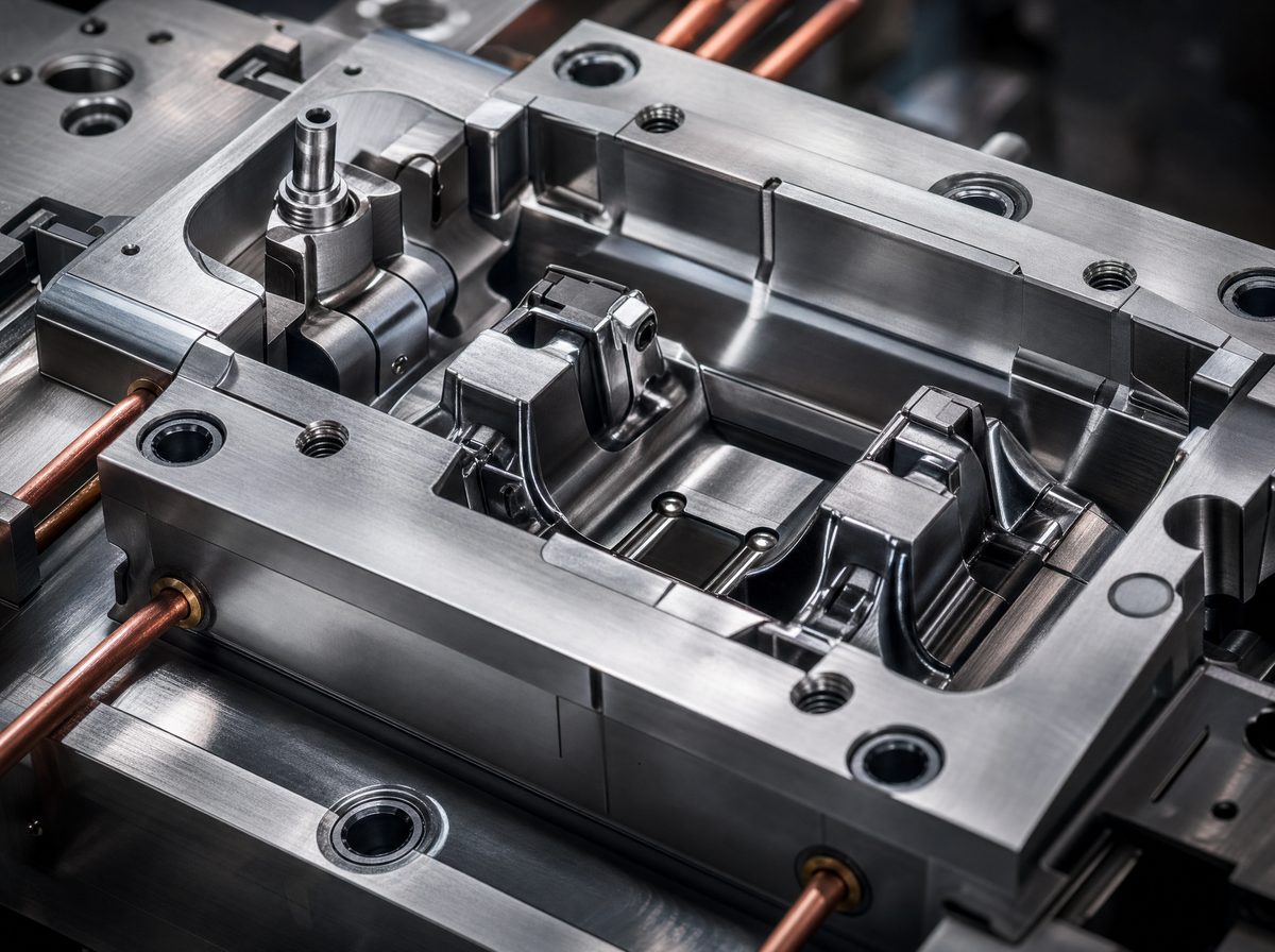 Close-up of a steel injection mould tool